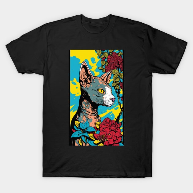 Sphynx Cat Vibrant Tropical Flower Tall Retro Vintage Digital Pop Art Portrait T-Shirt by ArtHouseFlunky